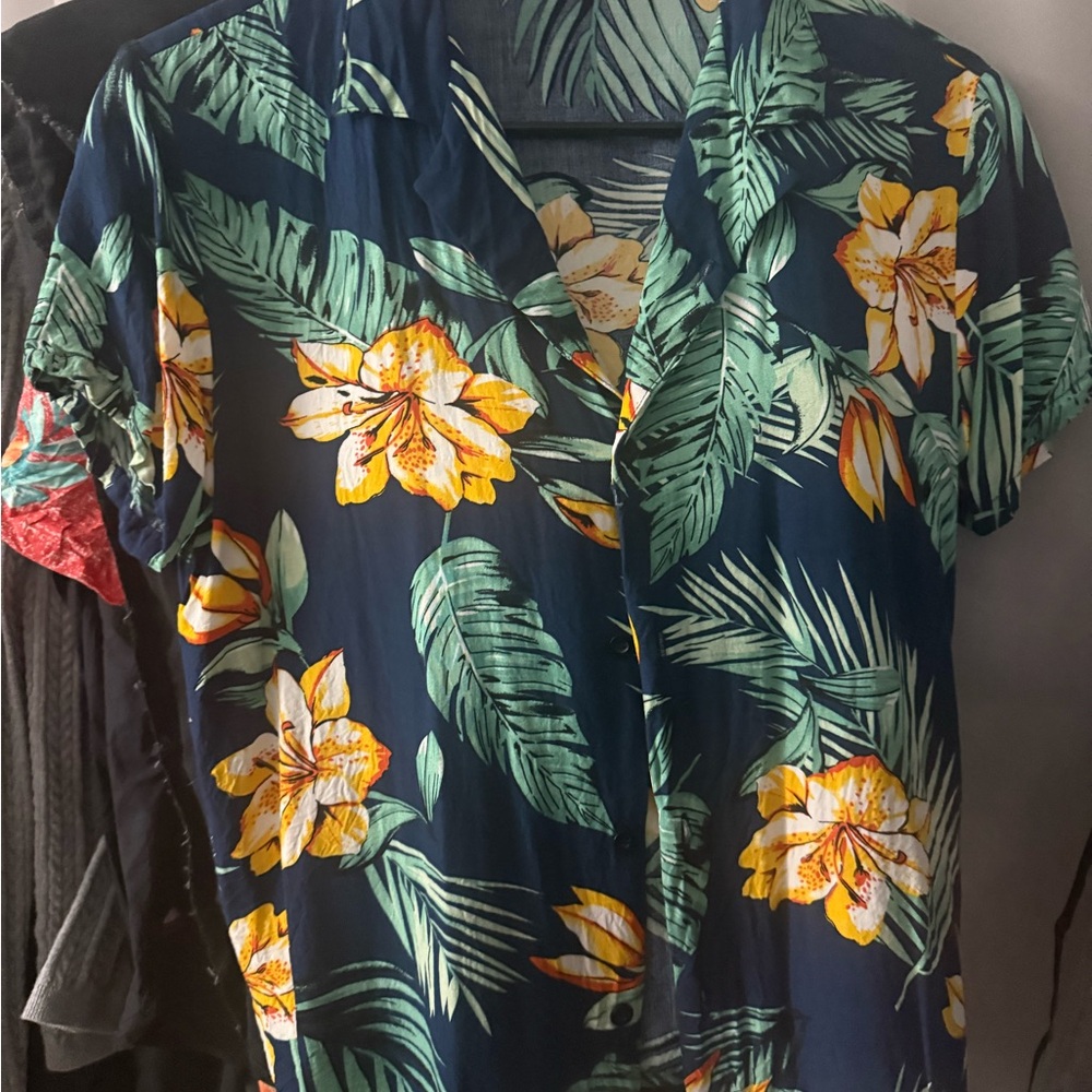 SHEIN Tropical Floral Button Down Shirt - Navy and Yellow